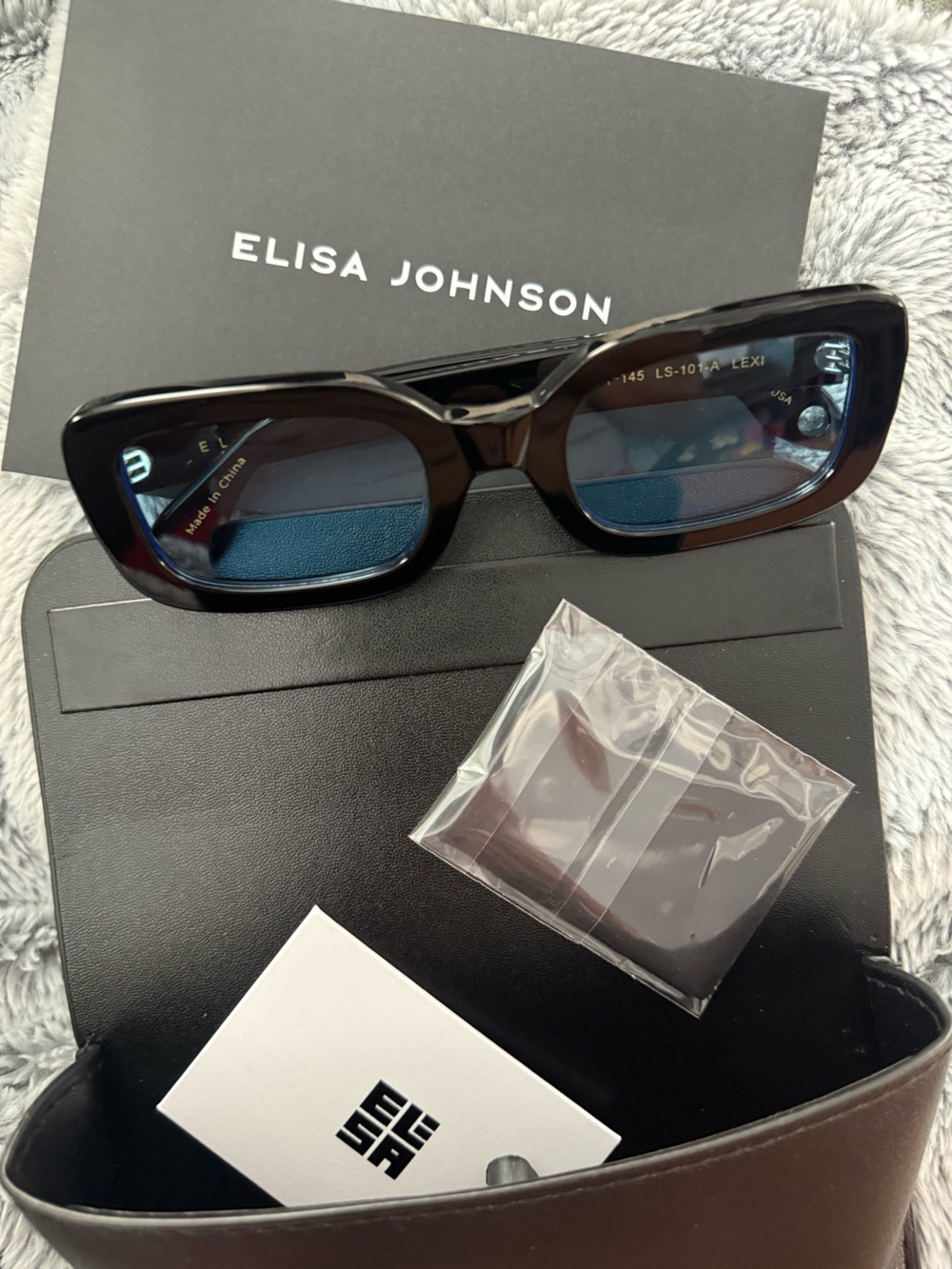Elisa Johnson Lexi Blue Lens Glossy Black Rectangle Sunglasses